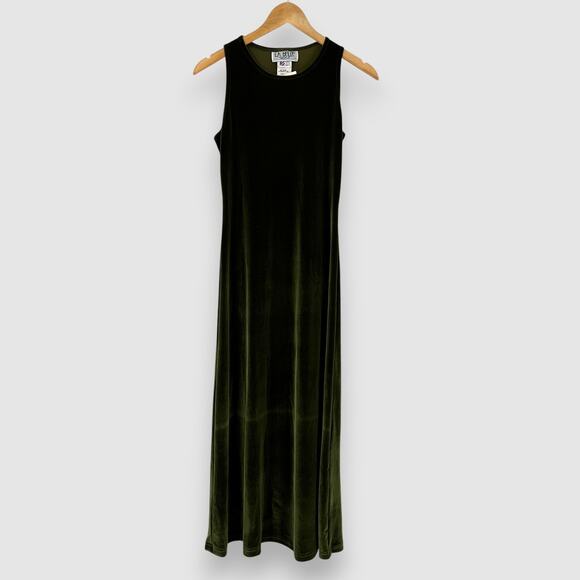 Vintage 90s La Belle Fashions Velvet Maxi Dress Olive Green Small NWT - Picture 1 of 5